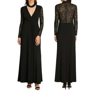 Betsy Adam Black Sequin‎ Sleeve Evening Gown Long Sleeve Open Mock Neck Dress